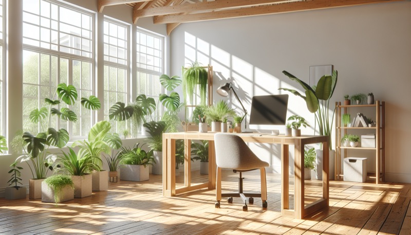 Nachhaltiges Homeoffice mit Bambus-Schreibtisch und vielen Pflanzen