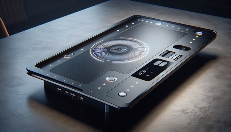 Nahaufnahme: Wireless Charging Zone und USB-Ports im Smart Desk